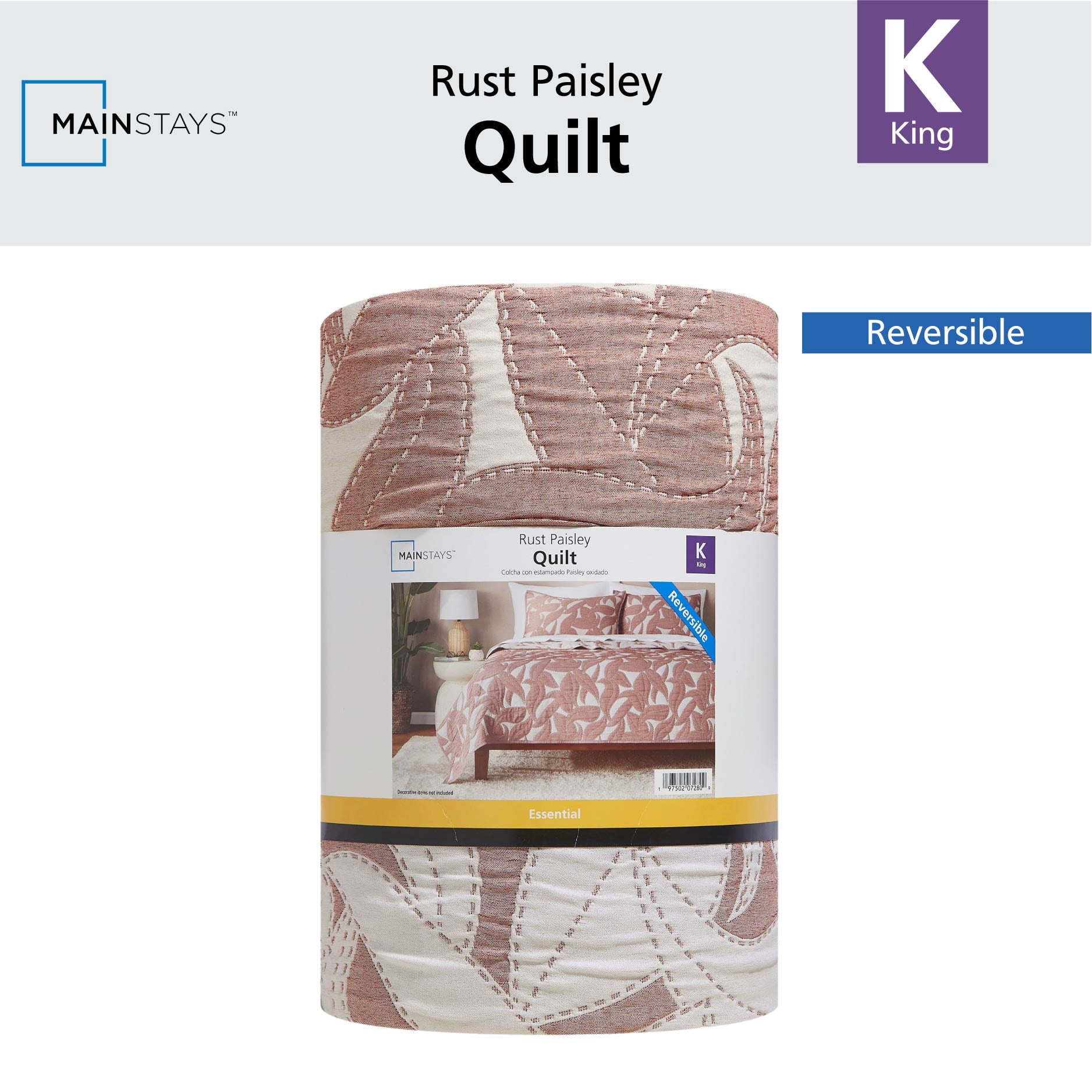 Mainstays Floral Quilt Rust Red Paisly Floral 100% Polyester Quilts, King-Breathable, Hypoallergenic, Antimicrobial