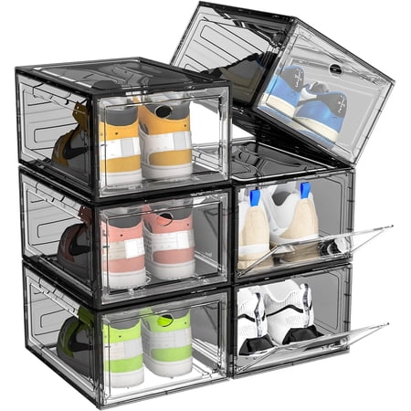 Upgrade Harder Solid Plastic Shoe Organizer, Shoe Storage with Magnetic Front Door, Shoe Rack 6 Pack Shoe Boxes Clear Stackable, Sneaker Storage, Shoe Organizer for Closet, Shoe Display Case, Black