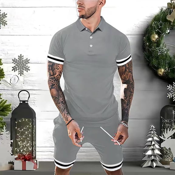 Vedolay Summer Short Sets Men's 2 Pieces Cotton Set Shirt and Shorts Summer Outfits,Gray 3XL