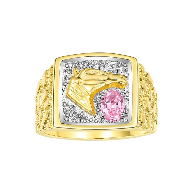 RYLOS Men's Rings 14K Yellow Gold Rings Lucky Nugget Horse Head 6X4MM Oval Gemstone & Diamond Ring Pink Ice October Birthstone Rings For Men Size 9