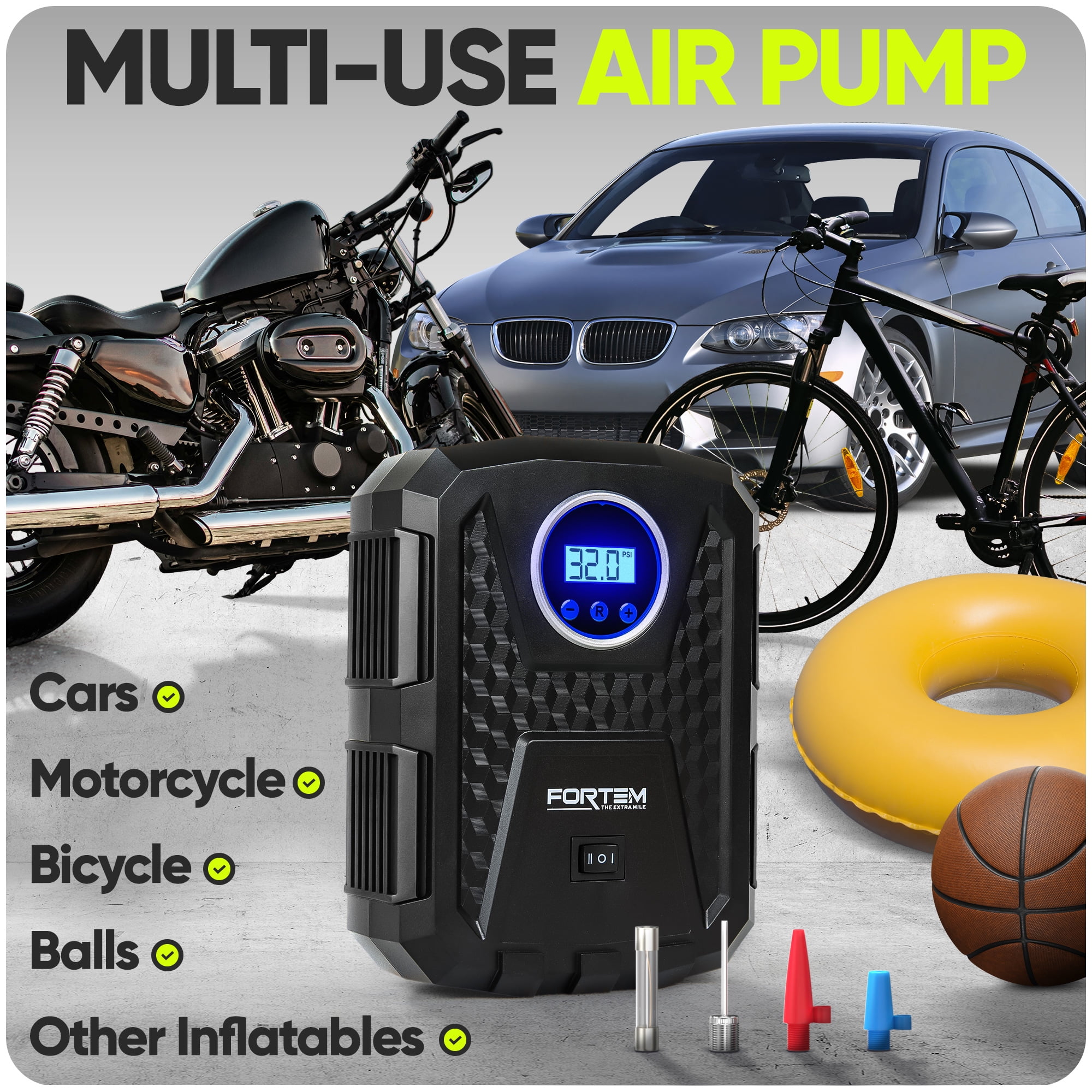 FORTEM Tire Inflator Portable Air Compressor 150 PSI, 12V Electric Bike Pump for Car Tires and Bicycles with LED Light, Digital Tire Pressure Gauge w/Auto Pump/Shut Off, Carrying Case (Black)