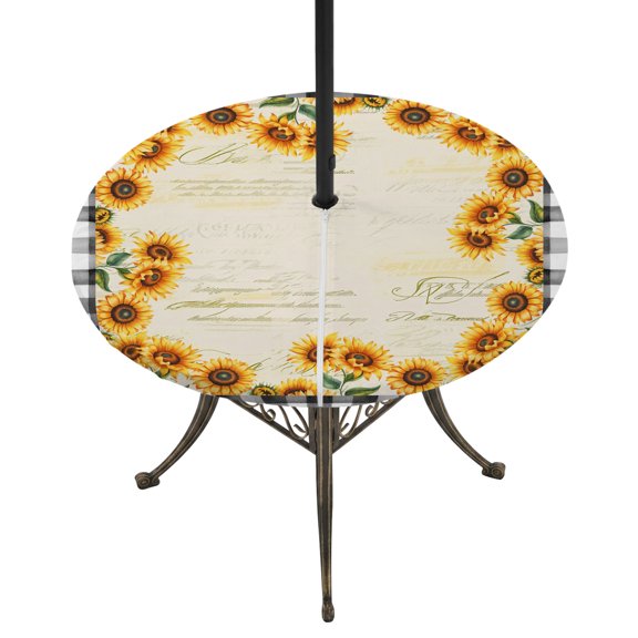 Round Outdoor Tablecloth with Umbrella Hole and Zipper, Sunflowers Tablecloth with Elastic Waterproof, Summer Country Botanical Yellow Flowers Plaid Patio Table Covers for 55" - 60" Pool Tables