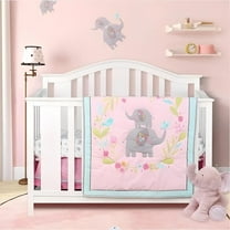 Sweet Baba Luxury 4 PC Pink Elephant Crib Bedding Set for Baby Girl,Microfiber Printed Nursery Bedding Set with Comforter/Skirt/Crib Sheet/Blanket