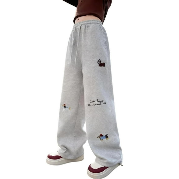 Kiijoy Little Girls Loose Sweatpants Cartoon Dog Print Straight Sporty Pants, Sizes 6-7