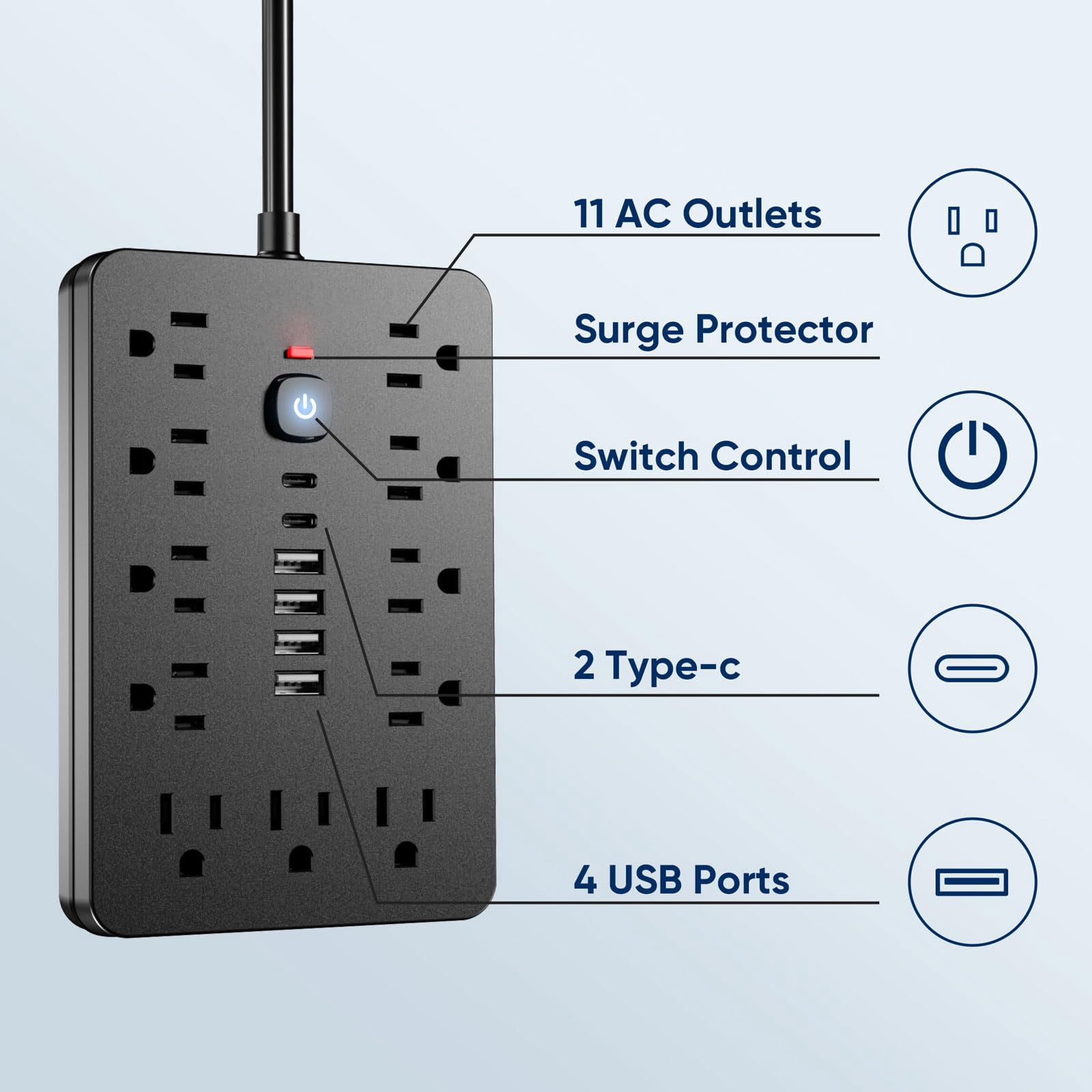 JOGGEIL 10 FT Flat Plug Surge Protector Power Strip,11 Multiple AC Outlets with 6 USB Ports , 10 Feet Extension Cord, 1250W/10A, One Touch Switch Button,17 in 1 Compact powerstrip