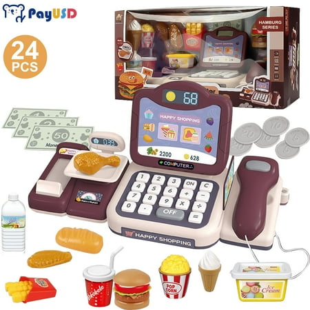 PayUSD Toy Cash Registers for Kids, Pretend Play Toys with Scanner, Play Money, Calculator, Credit Card Reader, Great Grocery Pre-School Gift for Boys & Girls, for Children from 3 Years, Brown