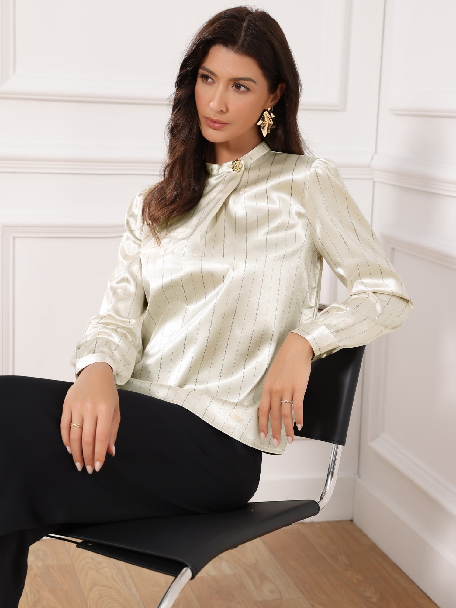 DARING DIVA Women's Satin Blouse Long Sleeve Mock Neck Business Work Shirts XS Apricot