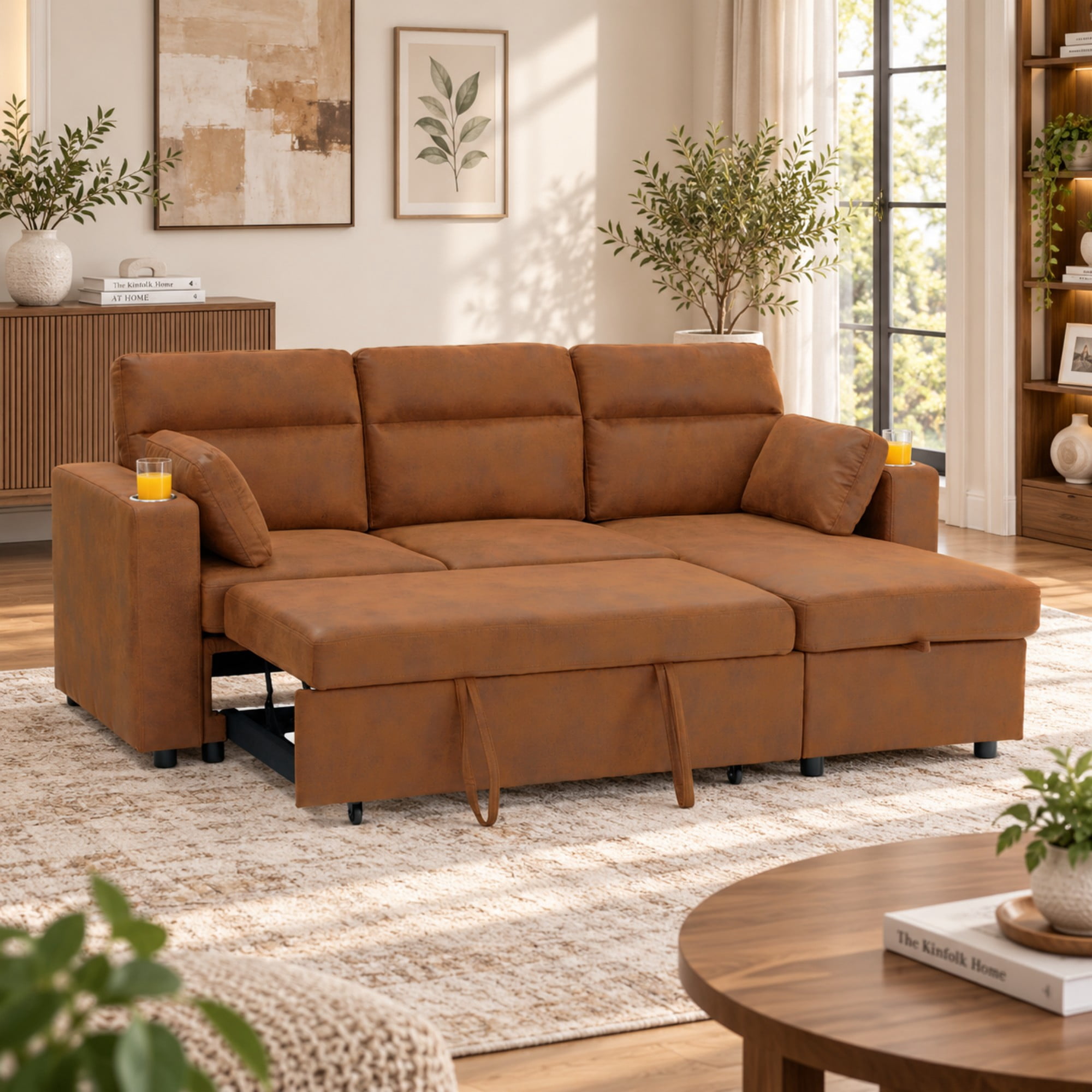 BSHTI 82.5" Polyester L-Shaped Pull-Out Sectional Sofa Bed with Storage Chaise, Cup Holders for Living Room(Light Brown)