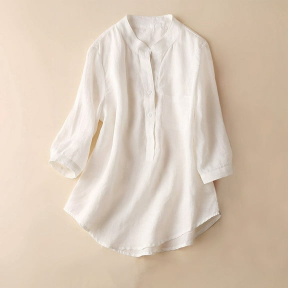 Ladies Linen Stand Collar Shirt Three Quarter Sleeve Loose Fit Plus Size Casual Top Womens Work Out Shirts Pack Short Sleeve Scrub Jackets Long Sleeved Women's Shirts Tech Stretch Loose Fit Womens