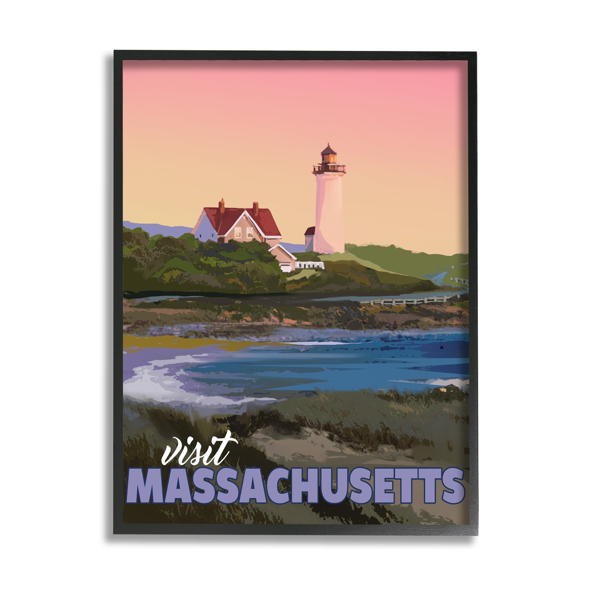 Stupell Industries Visit Massachusetts Pink Sunset Sky Ocean Inlet Graphic Art White Framed Art Print Wall Art, Design by David Owens Illustration