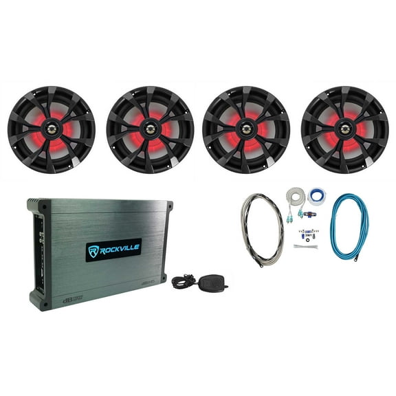 (4) Rockville RKL80MB 8" 700w Marine Boat Speakers w/LED Amplifier Amp Kit
