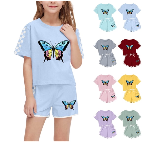 Lovzfmll 2-Piece Plaid Butterfly Print Set, Short Sleeve Round Neck Top & Elastic Shorts for Boys & Girls, Casual Outfits for Kids 5-6 Years