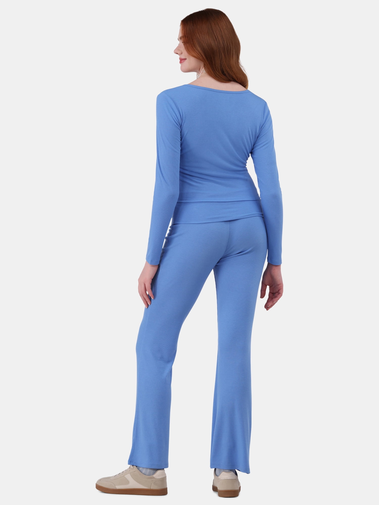 No Boundaries Ribbed Top and Flare Pants Pajama Set, 2-Piece, Women’s and Women’s Plus