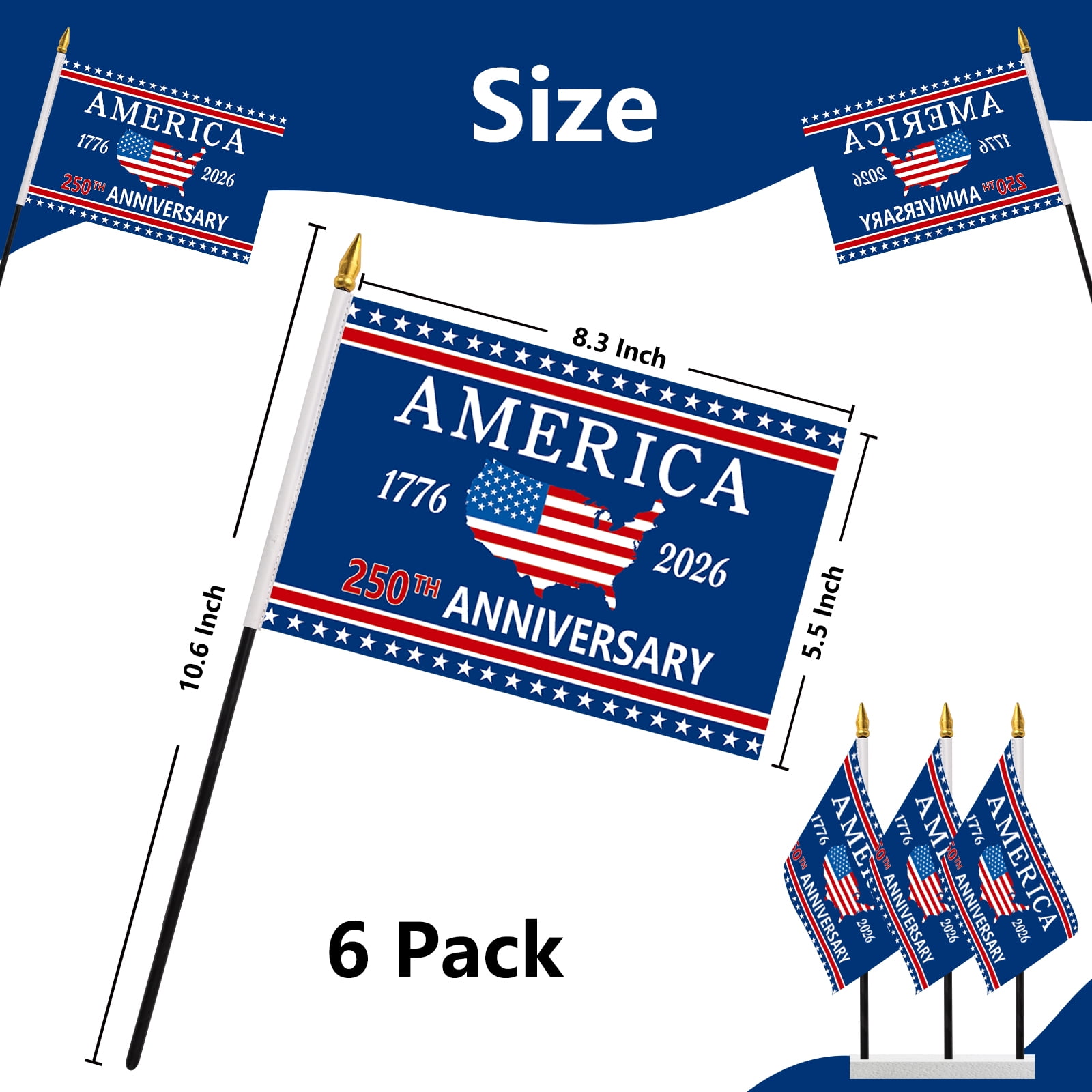 USA 250th Anniversary Hand Held Flag, Patriotic America Map 1776