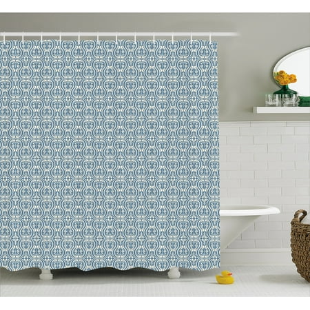 Damask Shower Curtain, Symmetrical Ancient Flowers and Curls Wavy Lines Old Ornamental Curves Tile, Fabric Bathroom Set with Hooks, 69W X 70L Inches, Slate Blue Ivory, by