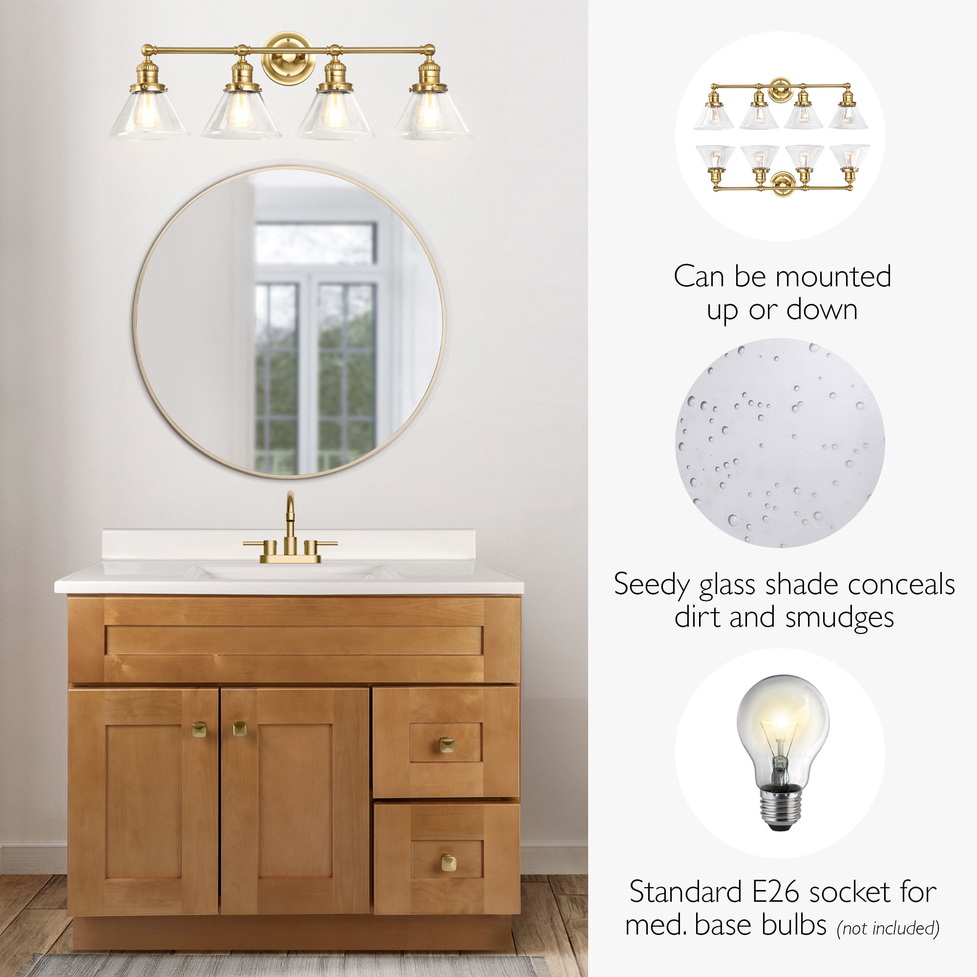 Augustin 35" Satin Gold 4-Light Dimmable Vanity Light With Seeded Glass Shades