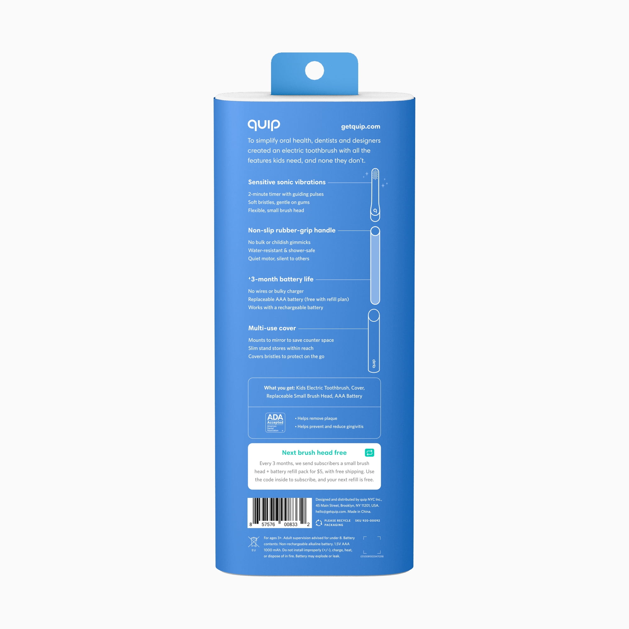 Quip Kids Electric Toothbrush with Built-In Timer, Blue Plastic