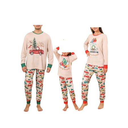 

Family Matching Christmas Pajamas Car Christmas Tree Print Long-Sleeved Tops + Elastic Waist Trousers/One-Piece Jumpsuit for Adult Kids Baby