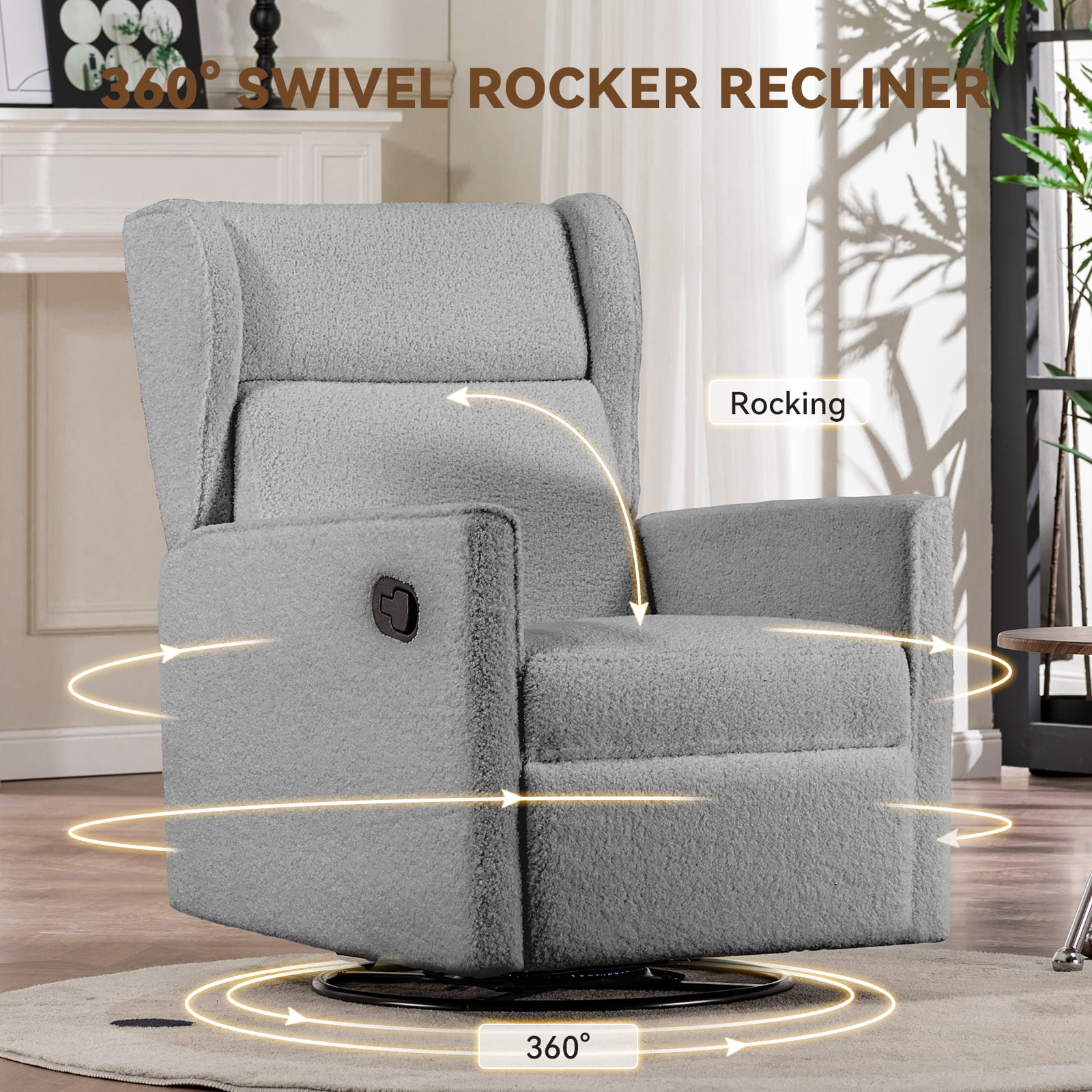 COMHOMA Nursery Rocking Chair Teddy Upholstered Swivel Rocker Recliner Manual Glider Reclining Chair for Living Room Bedroom Offices,Grey