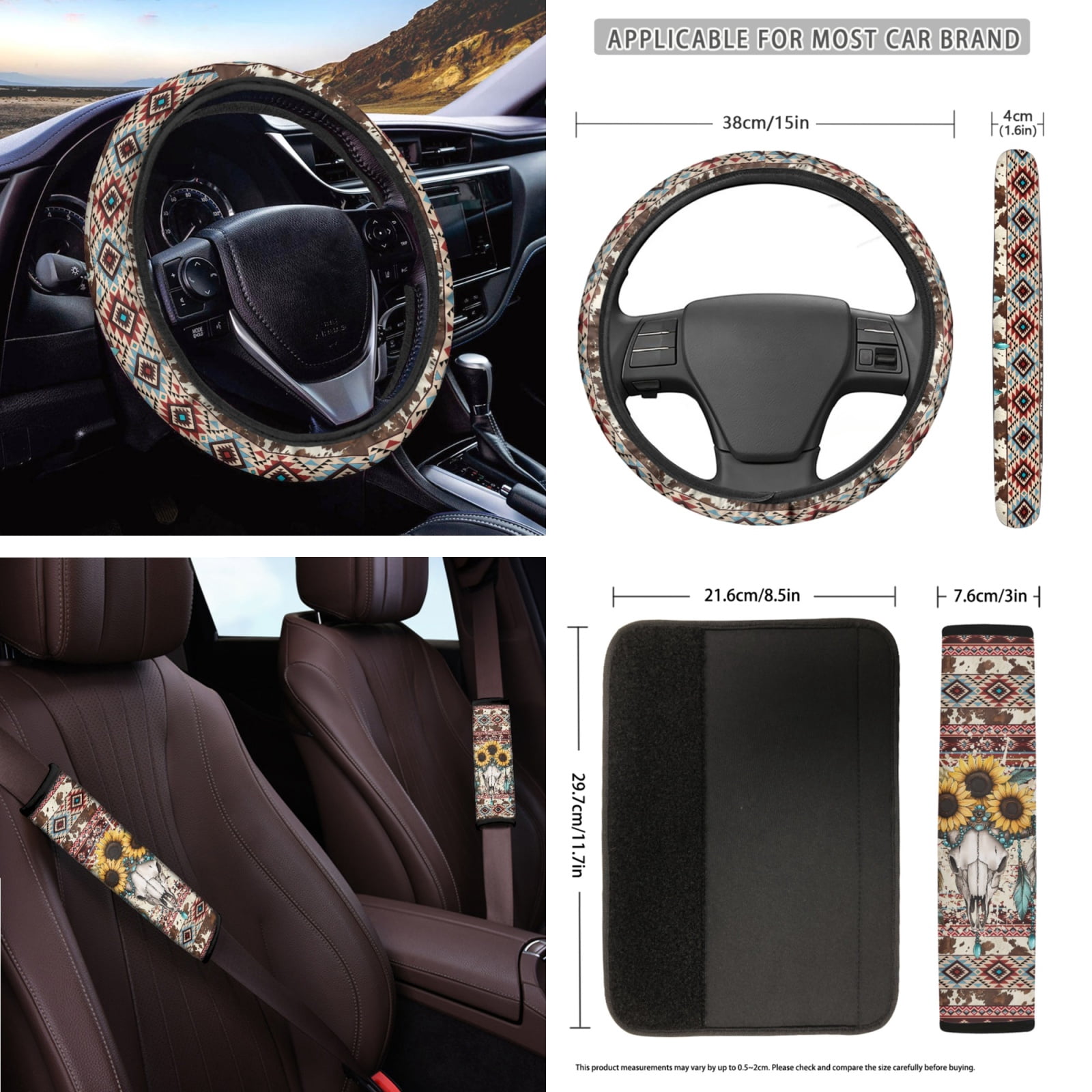 Yuyamidu Deer Car Seat Covers Set 16 PCS Sunflower Steering Wheel Cover Seat Belt Pads Coasters Southwest Aztec Rearview Mirror Cover Key Ring Car Window Shade Handbrake Gear Shift Knob Cover