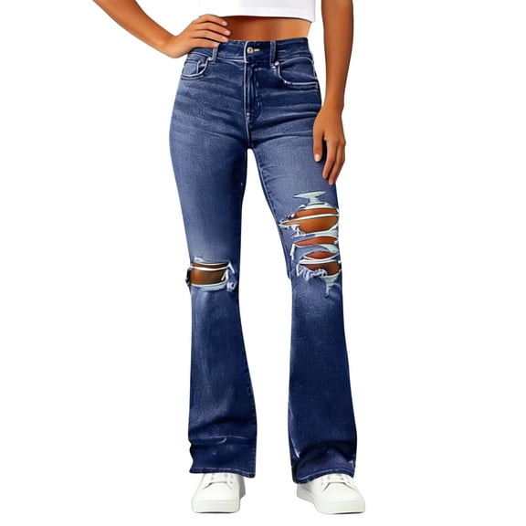 Olyvenn Women's Distressed Micro Flare Jeans, High Waist Hole Destroyed Design, Stretch Slim Fit Bell Bottom Denim Trousers Dark Blue M