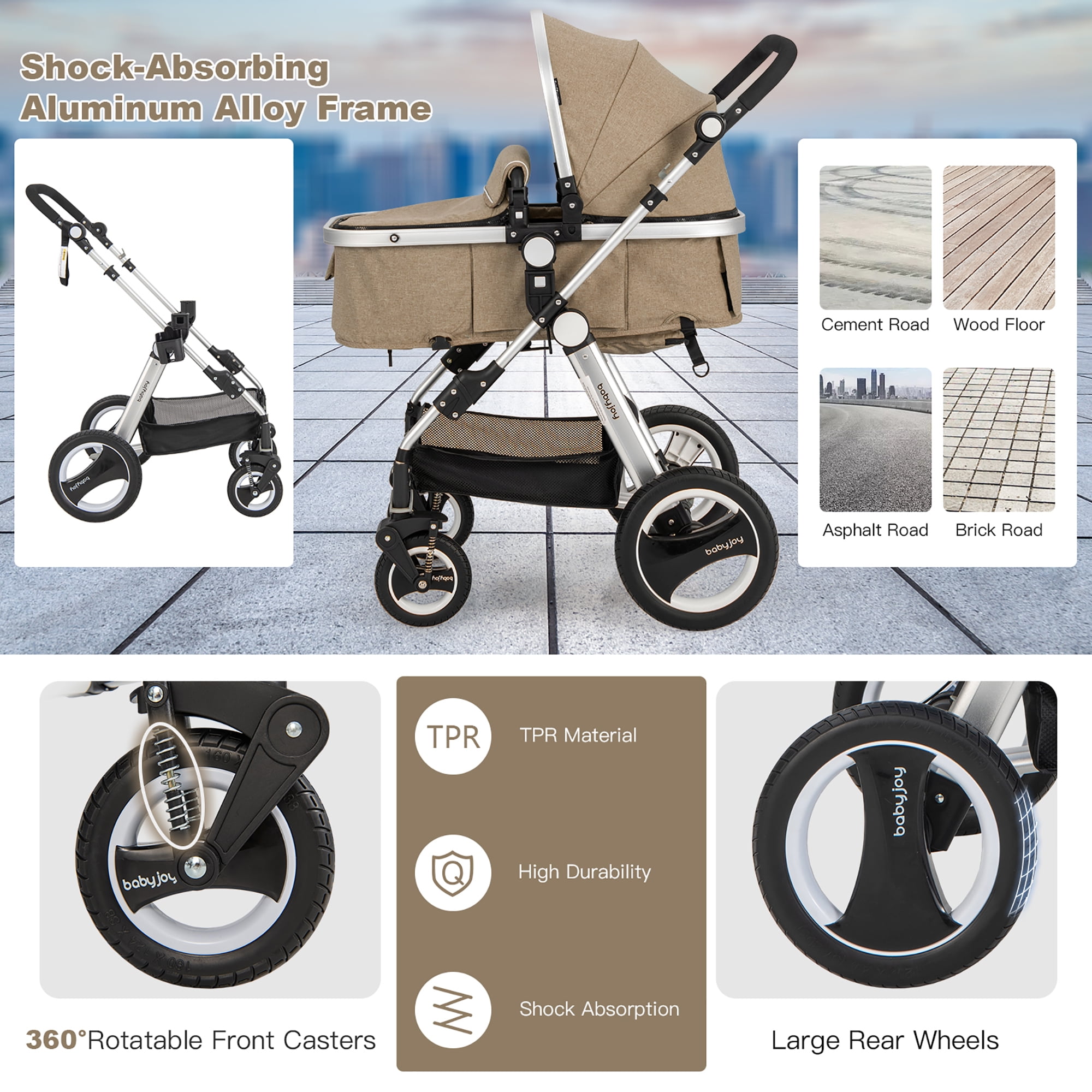 Babyjoy Folding Aluminum Infant Baby Stroller Kids Carriage Pushchair W Diaper Bag Khaki Walmart