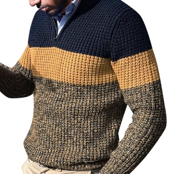 GBSYEWXS Pullover Sweater For Men Long Sleeve Striped Print Zip-Up Fashion Comfortable Crew Neck Sweaters Yellow