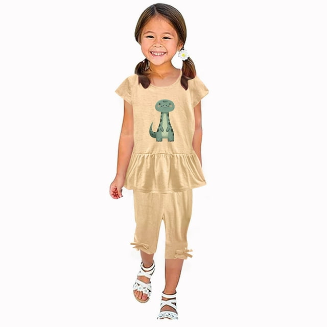 Shirts for Girls, Girls Summer Round Neck Small Print Short Sleeved Flying Sleeves Elastic Waist Cropped Pants Two-piece Set