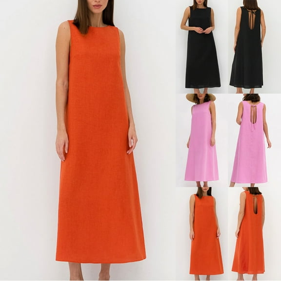 Axiiglly Linen Dress for Women Casual Maxi Dresses Crew Neck Sleeveless Summer Dress Backless Soft Cotton Long Dresses Solid Color Vacation Boho Beach Dress