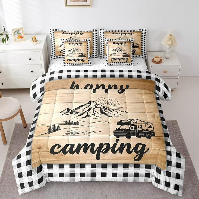 YST Ensemble de Douillette 7 Pcs Happy Camping, Literie Vintage pour Roulotte pour Enfants et Adultes, Format Double, Polyester