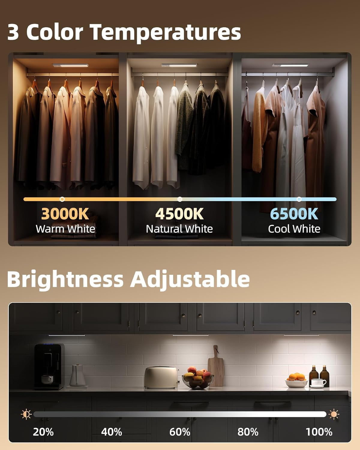 4-Pack Under Cabinet Lights, 2300mAh Rechargeable Motion Sensor Light Indoor, Wireless Closet Lights Battery Operated, with 3 Color Temps, Dimmable, Magnetic, for Kitchen, Stair, Pantry(8inch)