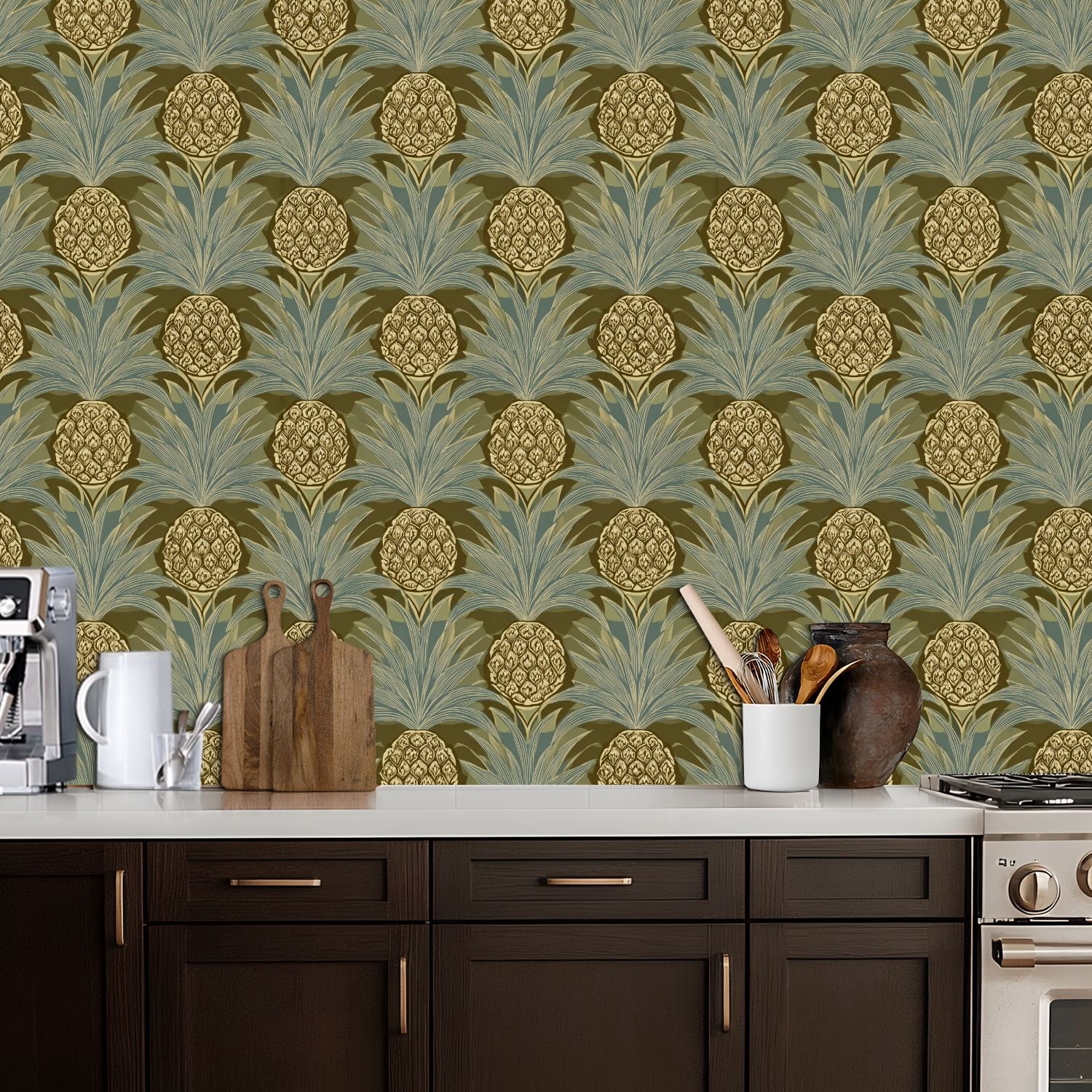 Peel and Stick Wallpaper Pineapple Tropical Botanical Olive Green Blue Wall Mural 17.7in x 9.8ft Self Adhesive Removable Wall Paper Renter Friendly Wallpaper for Nursery Bedroom Cabinets