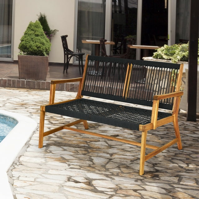 Gymax Wooden Rope Bench Loveseat Patio Garden Outdoor w/ Backrest & Armrest Black