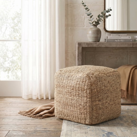 Ox Bay Julian Round Natural Solid Indoor Pouf Ottoman, 18"H x 18"W