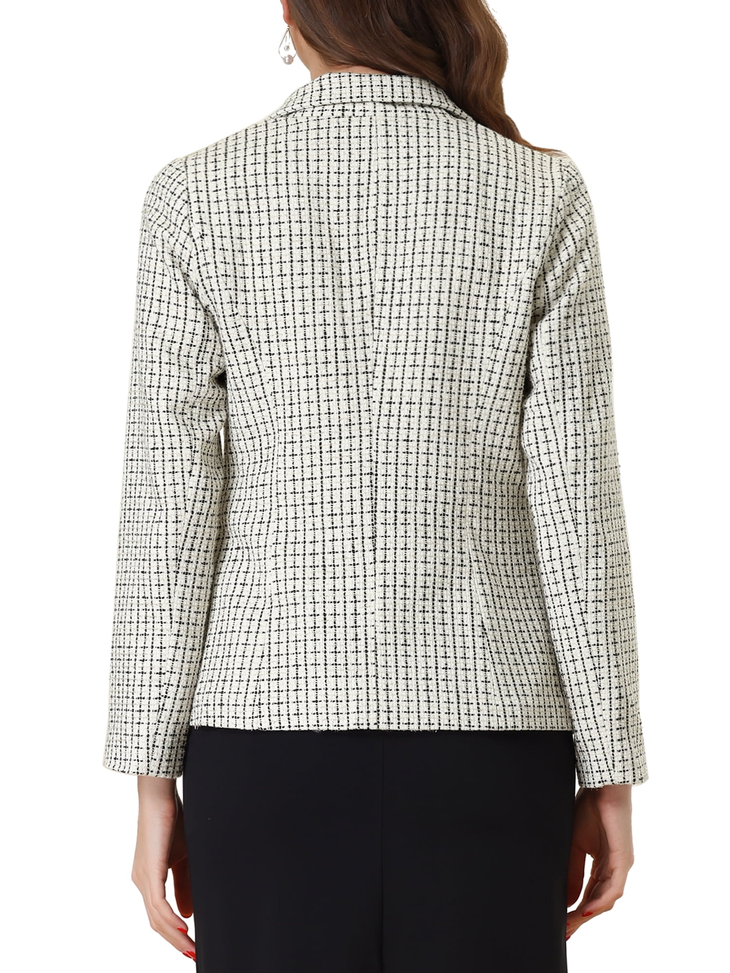 DARING DIVA Women's Plaid Blazer Notch Lapel Tweed Jacket XS Beige