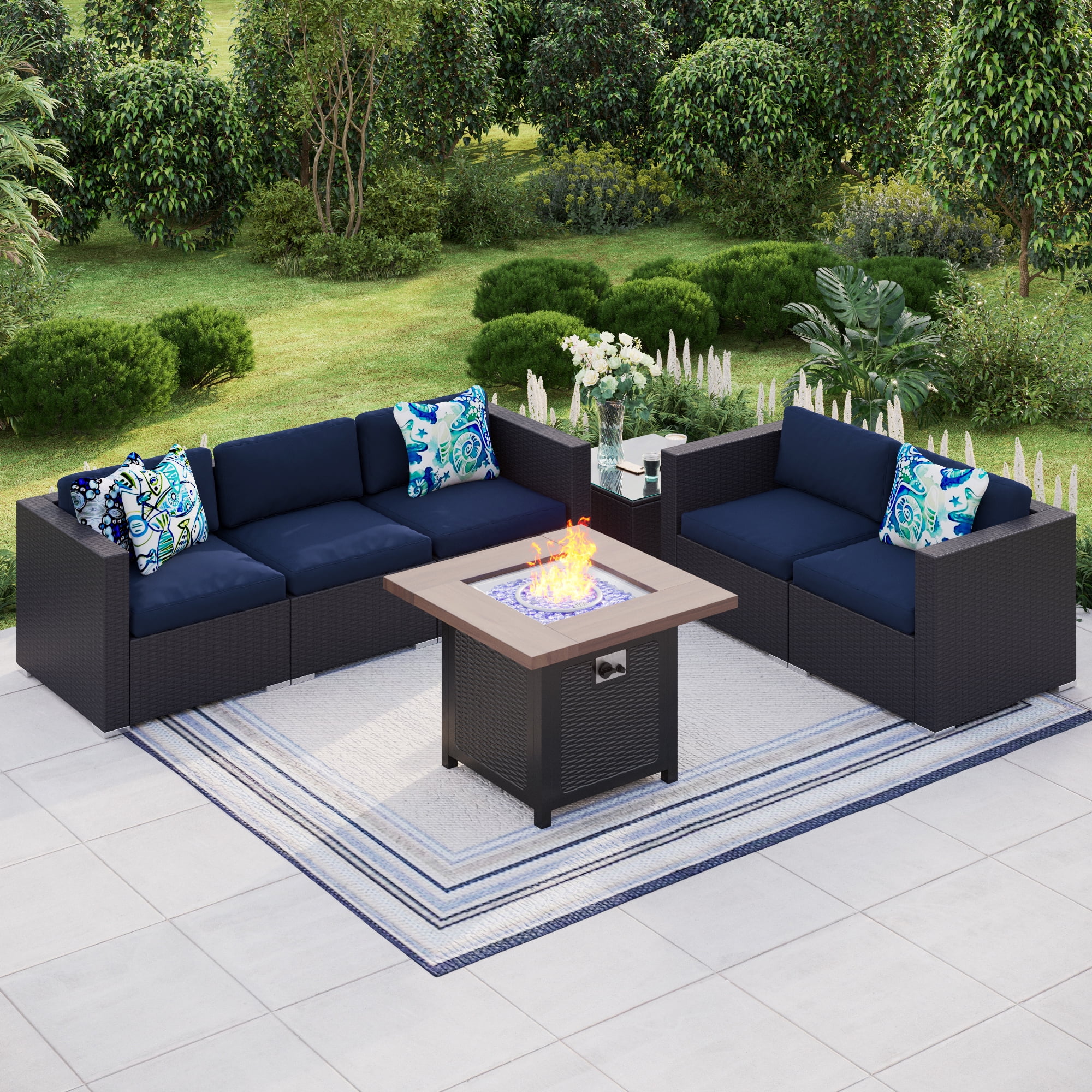 MF Studio 34' Gas Fire Pit Table with 6 pieces Outdoor Rattan Sectional Sofa Sets, 50000 BTU Gas Fire Pit Table, CAS Certified, Suitable for Garden, Patio, Yard