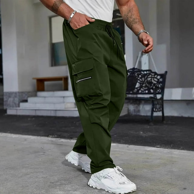 Nuoqisi Men's Spring Summer Solid Color Multi-Pocket Elastic Drawstring Cargo Pants - Relaxed Fit Trousers for Sports and Casual Wear