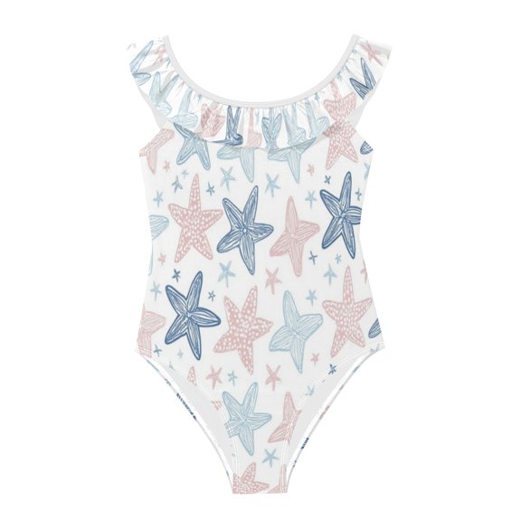 Girls Ruffled One Piece Swimsuit Summer Beach Vacation Swimwear Tank Swimsuit Linear Starfish