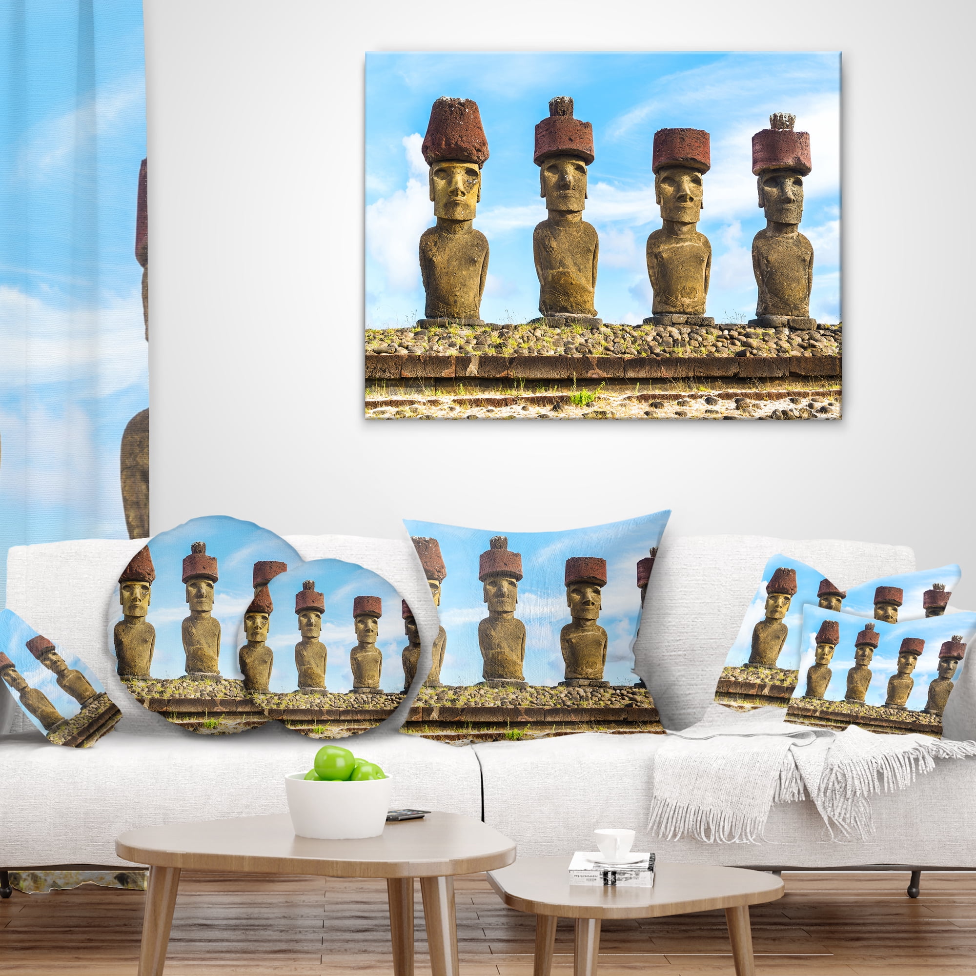 Designart Moai with Red Topknot Hat - Portrait Photo Throw Pillow - 12x20
