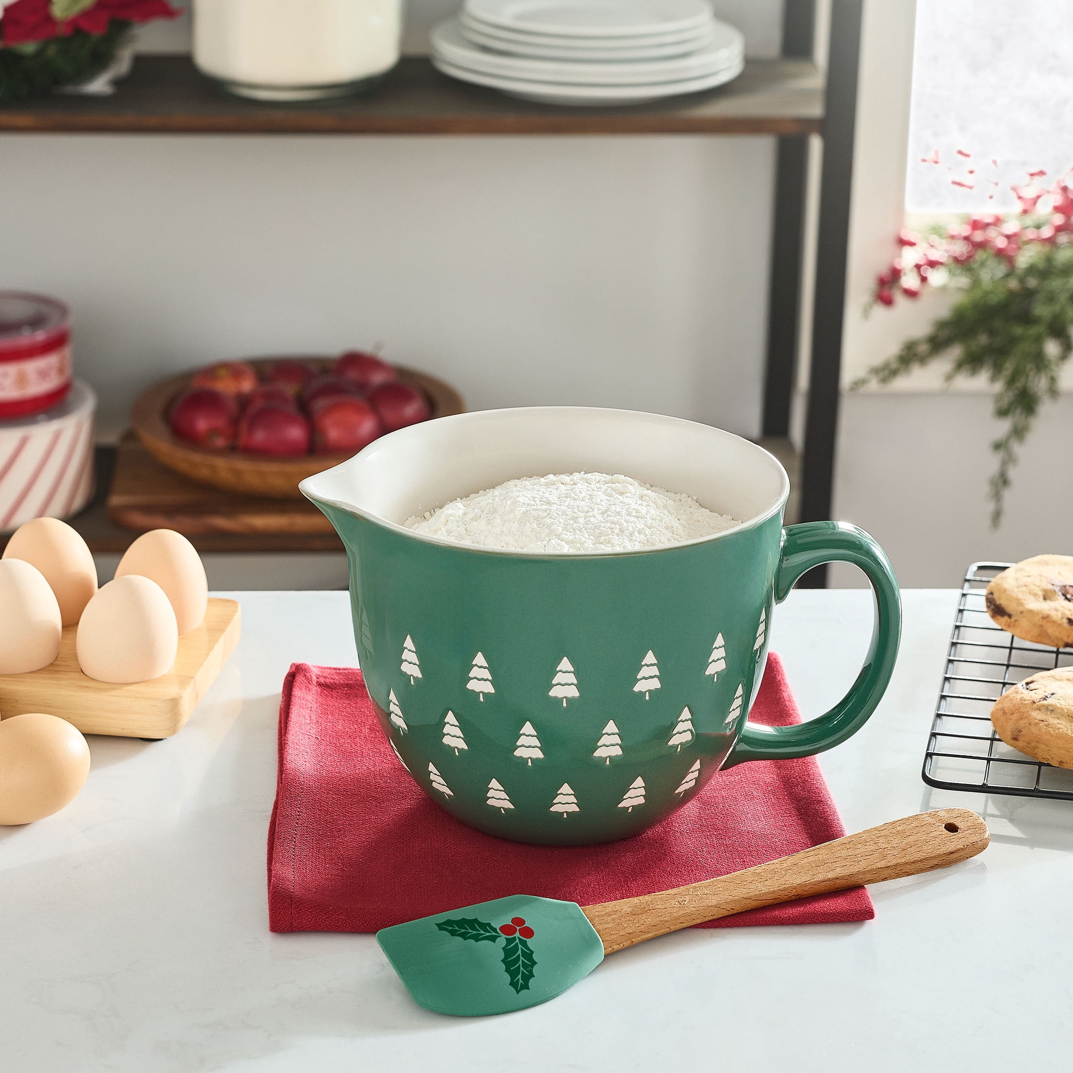 (2 pack) Holiday Time 2-Piece Trees Glazed Stoneware Batter Bowl & Spatula Set, Multicolor