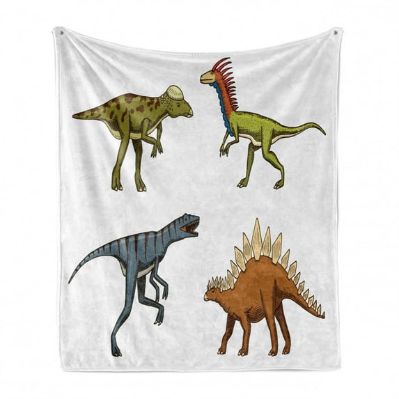 Dinosaur Soft Flannel Fleece Throw Blanket, Wild Fossils Prehistoric Scary Animals Reptiles Look Like Dragons Fantasy Print, Cozy Plush for Indoor and Outdoor Use, 50" x 70", Multicolor, by Ambesonne