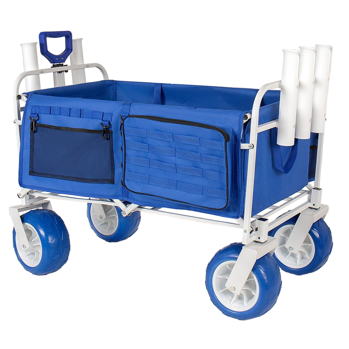 LuckyNote Beach Wagon Cart with Rod Holders and 9" All-Terrain Wheels, 500lbs Heavy Duty Collapsible Folding Wagon, Cooler & Storage Bags for Beach Camping Fishing, Blue