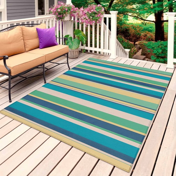 Blue Green Yellow Striped Outdoor Rug for Patio/Deck/Porch, Non-Slip Large Area Rug 3 x 5 Ft, Modern Stripes Art Farmhouse Indoor Outdoor Rugs Washable Area Rugs, Reversible Camping Rug Carpet Runner