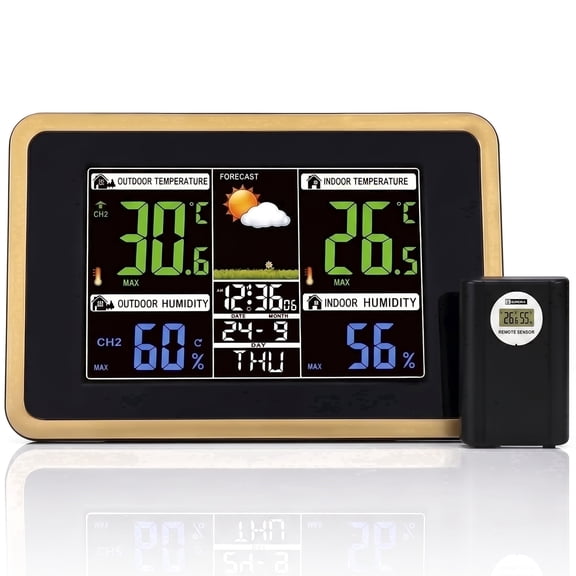 XSAPT Wireless Weather Station, Indoor Outdoor Thermometer, Color Display, Black
