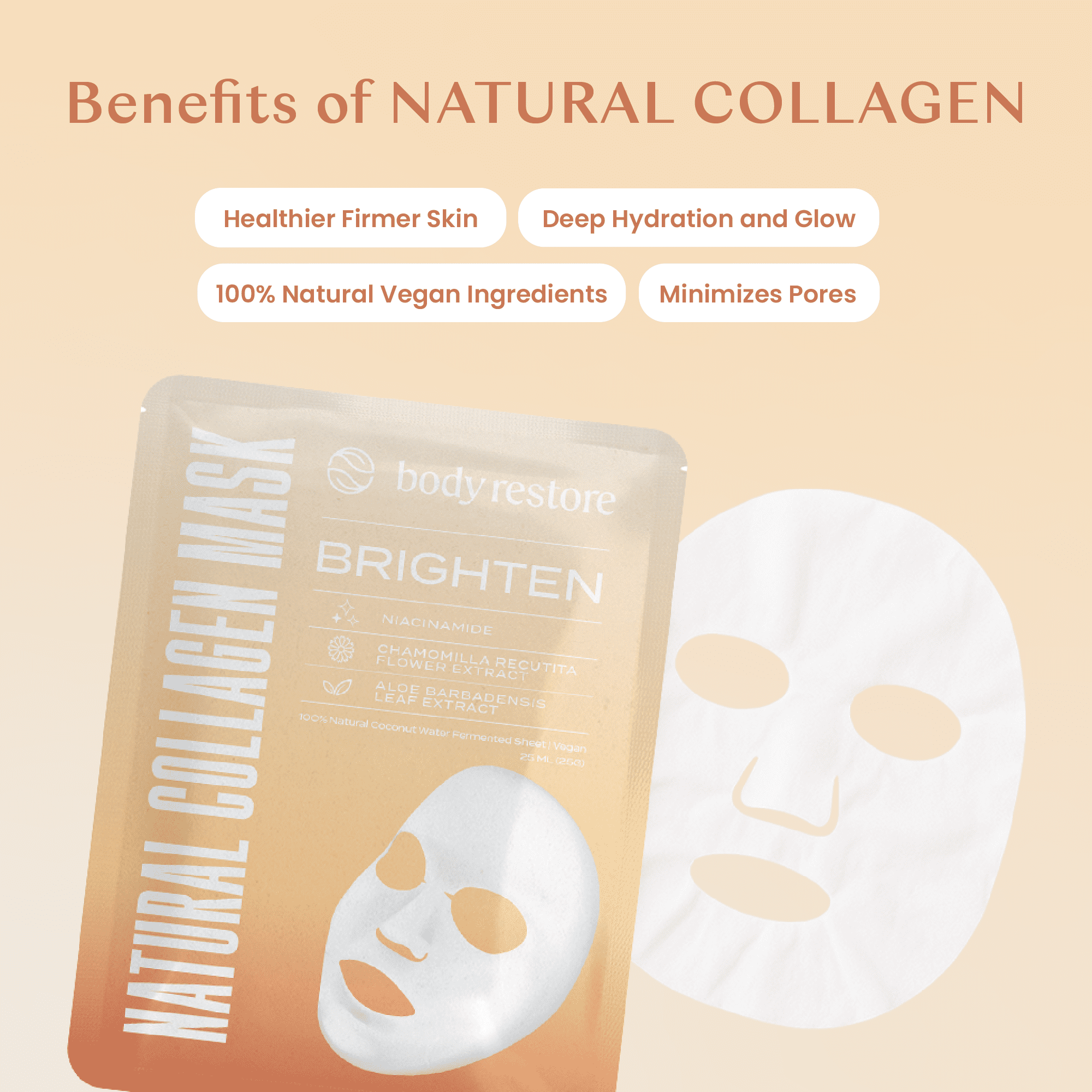 Body Restore Natural Collagen Moisturizing Korean Face Mask with Fermented Coconut Water for Dry Skin, 5 Pack, Brighten, Suitable for Women and Men