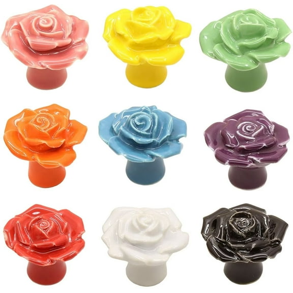 HDJNal 10Pcs Antique Rose Flower Cabinet Knob, Vintage Ceramics Handles Decorative Dresser Knobs Cabinets Closets Girl's Furniture Drawer Bookcase Cabinet Handle (Multicolor)