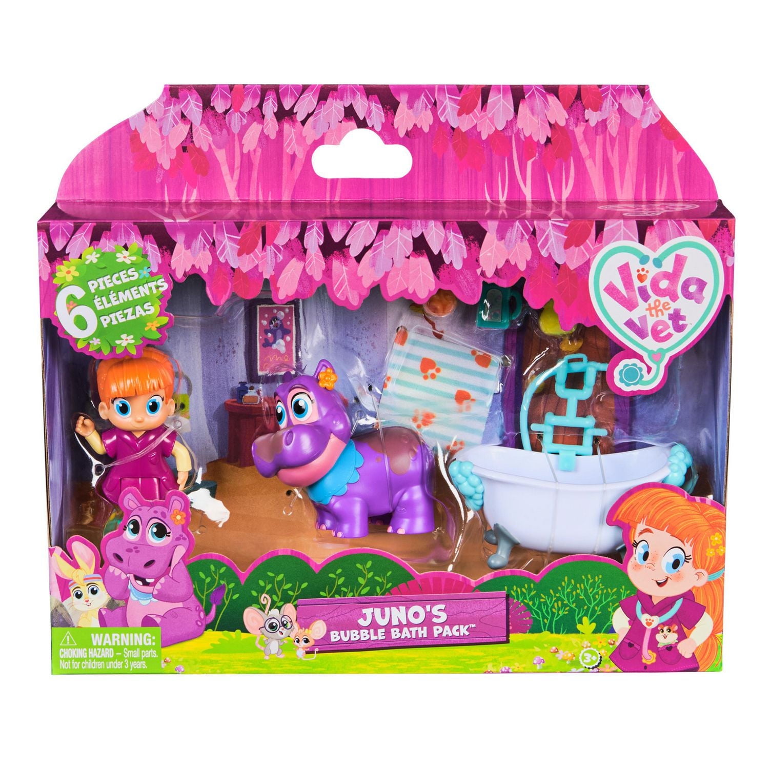 Vida la Véto, Coffret Bain moussant de Juno avec figurine de Vida, figurine de Juno qui change de couleur et accessoires médicaux, jouets pour filles et garçons à partir de 3 ans