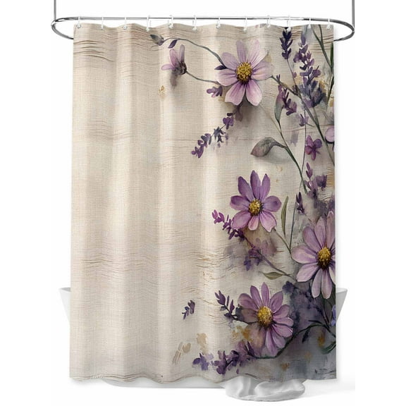 Shower Curtain Purple Flowers Shower Curtains for Bathroom, Waterproof Polyester Shower Curtain Set with Hooks, Standard Size 72" x 72" Retro Linen Texture