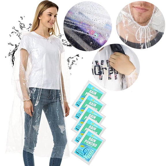 Rain Ponchos for Adults Disposable 5 Pack Plastic Raincoat for Men Women