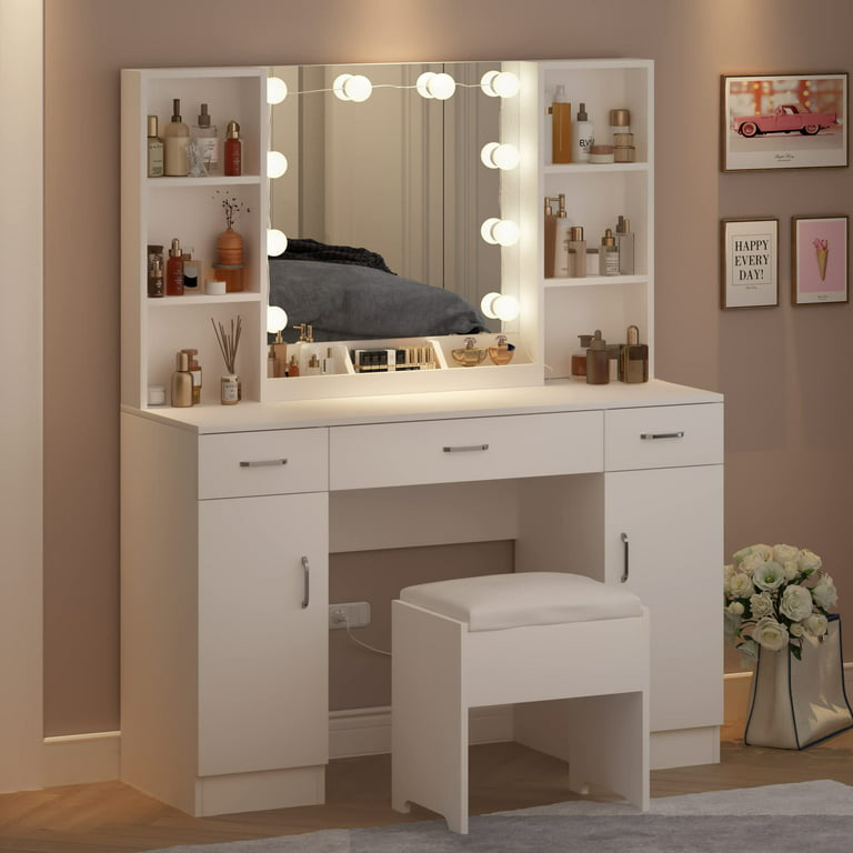 Veanerwood Large Makeup Vanity Set with Lights, White Bedroom Makeup Vanity  Table with Storage, 3 Adjustable Lighting Colors, Modern, 45.2in 